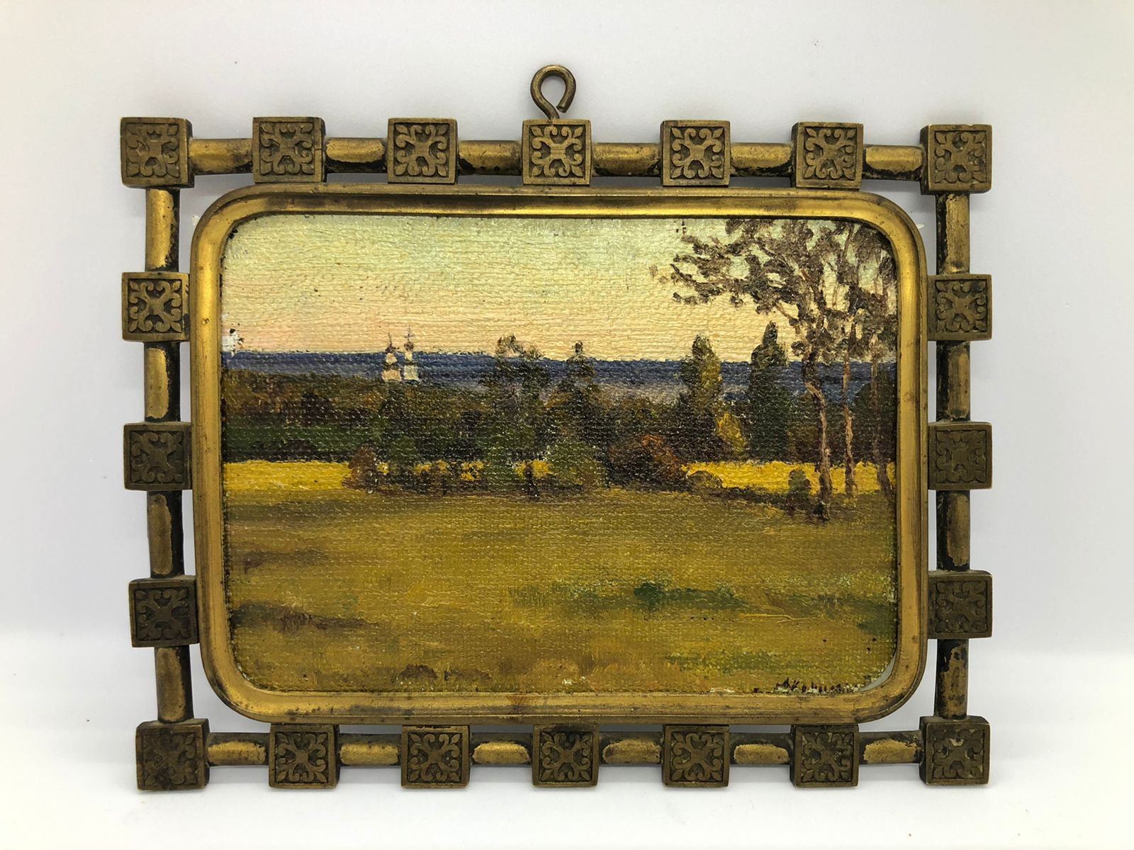 Корин А.М. (1865 - 1923 гг.) «Вечер» (Летний пейзаж с церковью) Россия, нач. ХХ века. Холст на картоне, масло; 10х14,5 см.