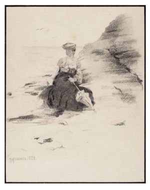 Ксидиас Перикл Спиридонович (1872–1942) «У моря». 1903. Бумага, графитный карандаш, 14,5×11,5 см (в свету). В левом нижнем углу авторские подпись и дата. Художник, график, гравер. Является гравером первых советских марок. С 1889 по 1893 год учился в Академии художеств, был учеником И.П. Пожалостина. В 1891 году получил в натурном классе вторую и первую серебряные медали. В 1897 году за гравюру «Портрет А.Ф. Кокоринова» был удостоен звания художника. В 1906 году получил звание академика. Произведения П. Ксидиаса экспонировались на весенних выставках в Академии художеств, где он был членом Общества имени А.И. Куинджи. Большую часть творческой биографии художника занимает создание государственных денежных знаков и почтовых марок. Работал в Экспедиции заготовления государственных бумаг и Гознаке, впоследствии был его руководителем. Гравировал изображения на денежных знаках и почтовых марках, в том числе на первых марках РСФСР «Рука с мечом, разрубающим цепь».