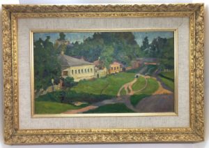 Бычков В. П. (1877-1954) «Деревенская улица за храмом» 1921 год. картон, масло. 18,5х31,5 см.